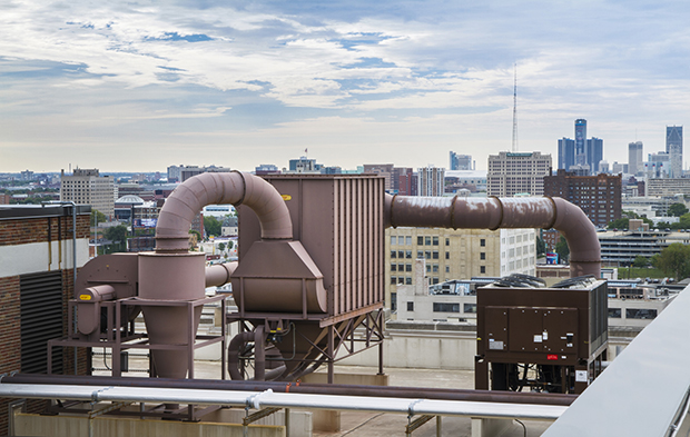 Woodshop dust collection system installed on the roof of the College for Creative Studies in Detroit, MI